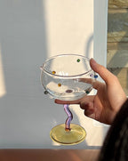 Set Of 2 Hand Blown Rainbow Sprinkles Wine Glasses, Whimsical Eclectic