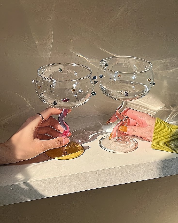 Set Of 2 Hand Blown Rainbow Sprinkles Wine Glasses, Whimsical Eclectic