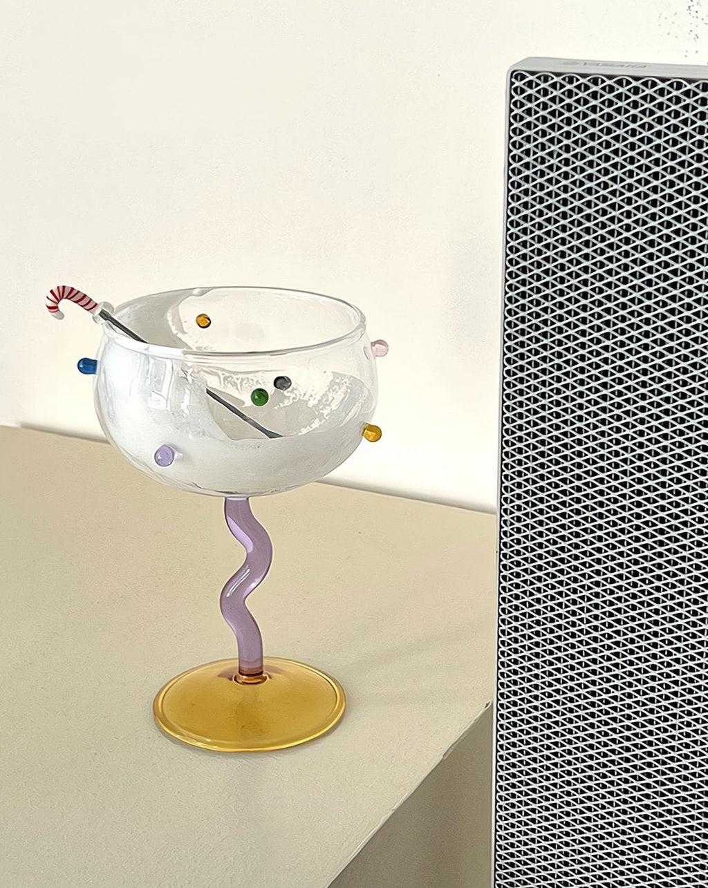 Set Of 2 Hand Blown Rainbow Sprinkles Wine Glasses, Whimsical Eclectic