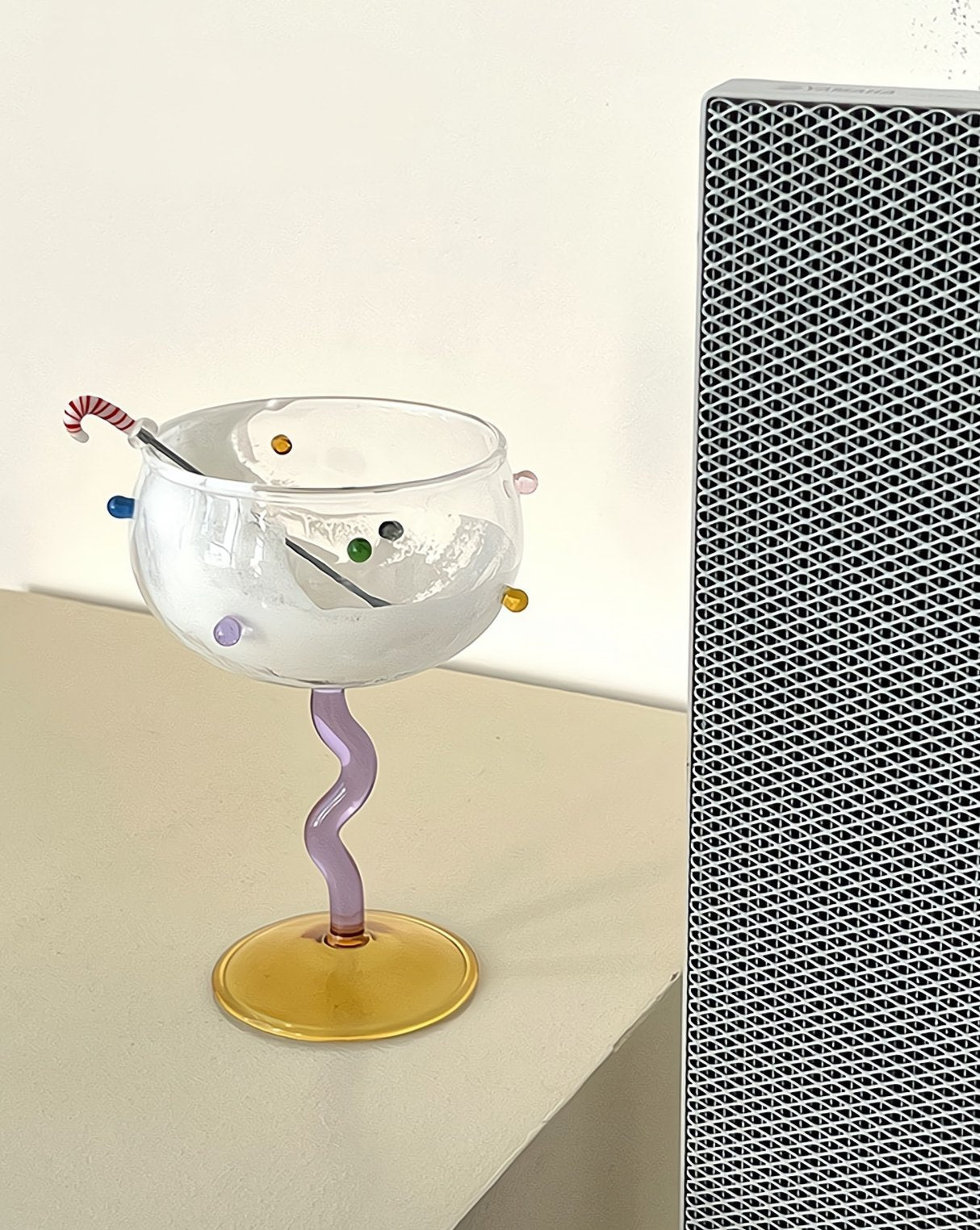 Set Of 2 Hand Blown Rainbow Sprinkles Wine Glasses, Whimsical Eclectic