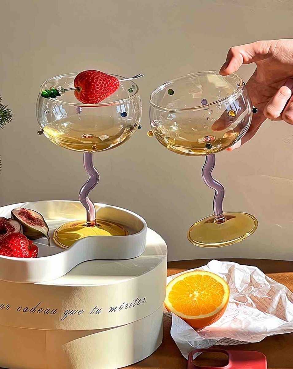 Set Of 2 Hand Blown Rainbow Sprinkles Wine Glasses, Whimsical Eclectic